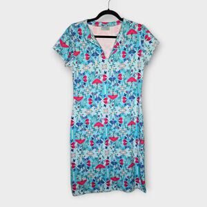 Manuel Canovas Blue Floral Bird Print Split Neck Shift Dress Womens 10
